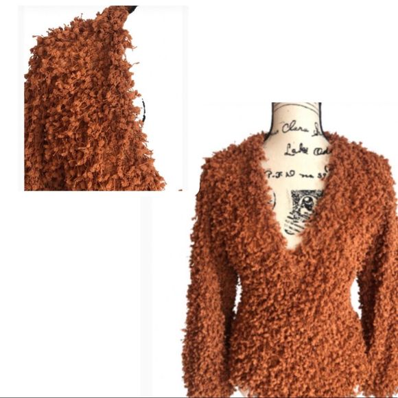 mine Sweaters - MINE  V NECK BOHO SWEATER RUST COLOR SHAGGY LONG SLEEVE  SWEATER SIZE LARGE